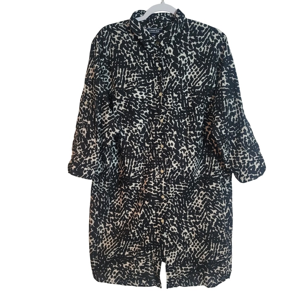 Lands' End Womens 1X Black White Abstract Animal Print Cotton Button Down Tunic